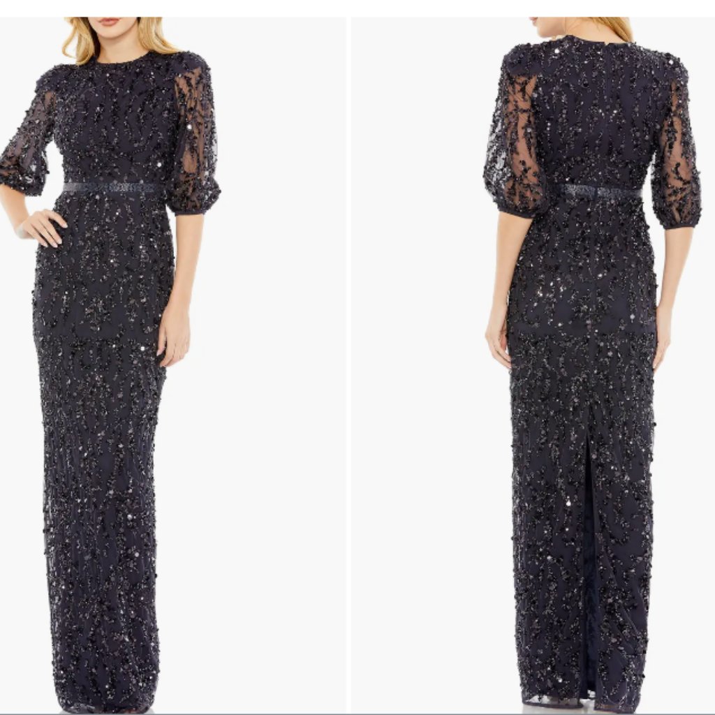 Mac Duggal 93790 Sequined Elbow Sleeve Midnight Dark Navy Gown Sz 14